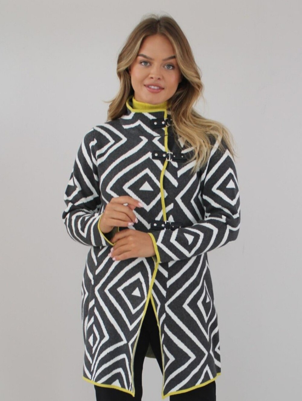 Marble Buckle Detail Longline Cardigan Yellow